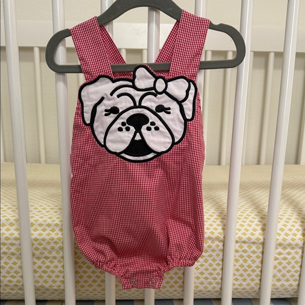 Red Gingham Girl Bulldawg Applique Bubble